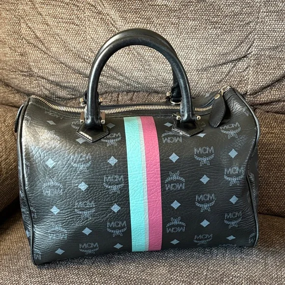 MCM Visetos Black Satchel with Pink and Teal Stripe - Picture 3 of 11